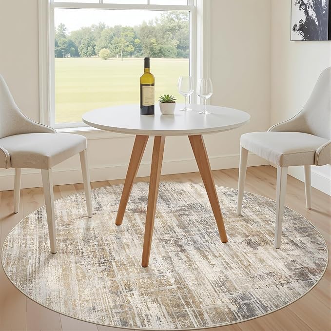 5ft Round Area Rug for Living Room: 5x5 Washable Neutral Abstract Modern Soft - Image 3