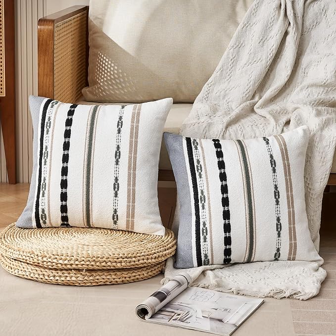 Boho Chenille Throw Pillow Covers 18x18 Inch Square Farmhouse Decorative Pillow - Image 3