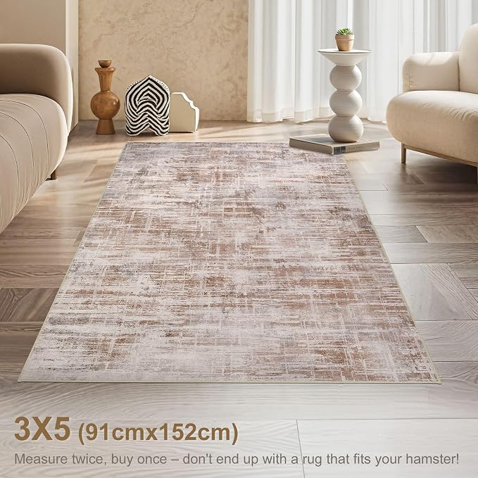 Area Rug for Living Room: 3x5 Washable Neutral Abstract Modern Soft Rugs Non - Image 2