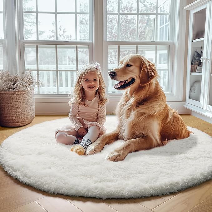 ONASAR Cream White Round Area Rugs 6ft, Fluffy Soft Bedroom Circle Rug Floor Mat - Image 8