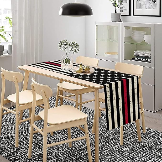 Red Line Black Table Runner July 4th Rustic American Firefighter USA Flag - Image 3