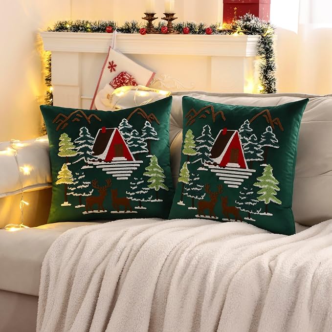 LUOYEHK Christmas Green Pillow Covers 18x18 Set of 2 House and Deer Decorative - Image 2