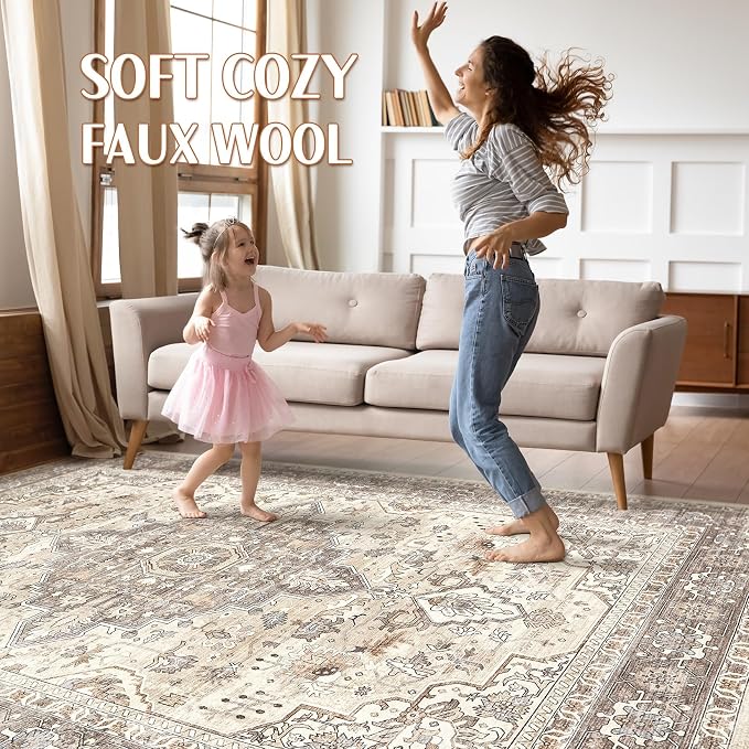9x12 Area Rug Living Room: Washable Boho Large Neutral Vintage Soft Rugs Stain - Image 3