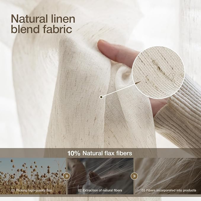 Anmao Flax Linen Curtains for Living Room 96 Inch Length 2 Panels Set, Light - Image 2