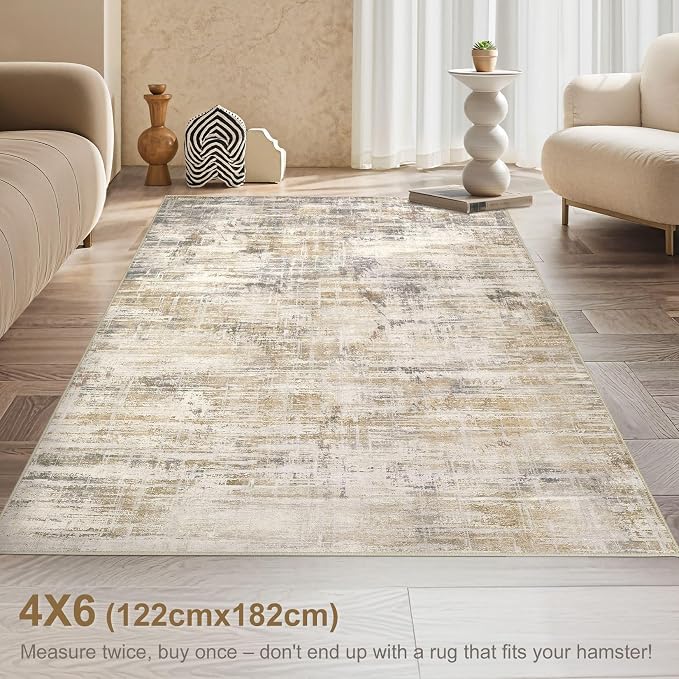 Area Rug for Living Room: 4x6 Washable Neutral Abstract Modern Soft Rugs Non - Image 3
