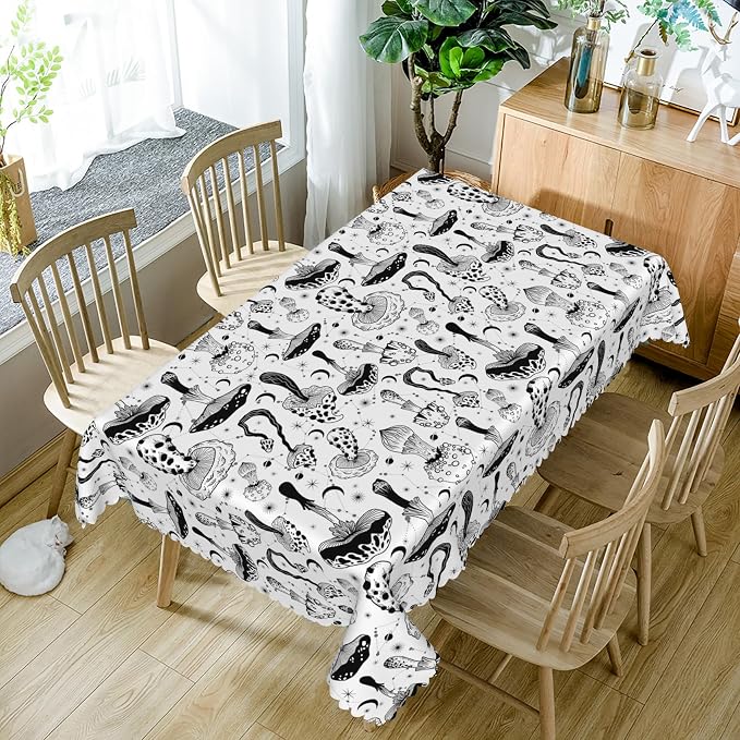 54x78inches Mushroom Tablecloth Retro 70s 60s Hippie Black and White Mushroom - Image 5