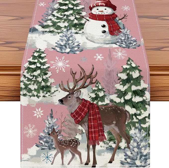 Artscope Reindeer Snowman Christmas Tree Table Runner, Xmas Winter Snowflakes by Artscope