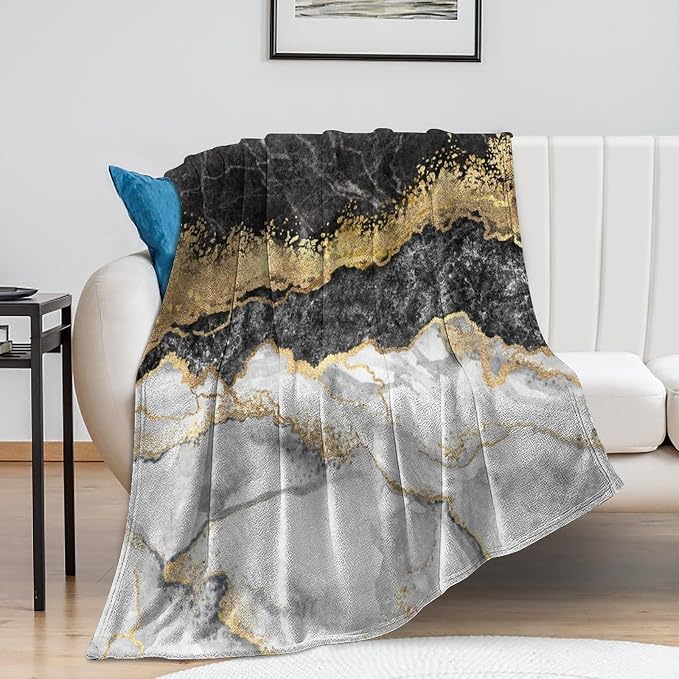 Modern Marble Blanket, Abstract Luxury Baroque Golden Black White Stone Veins by Unknown