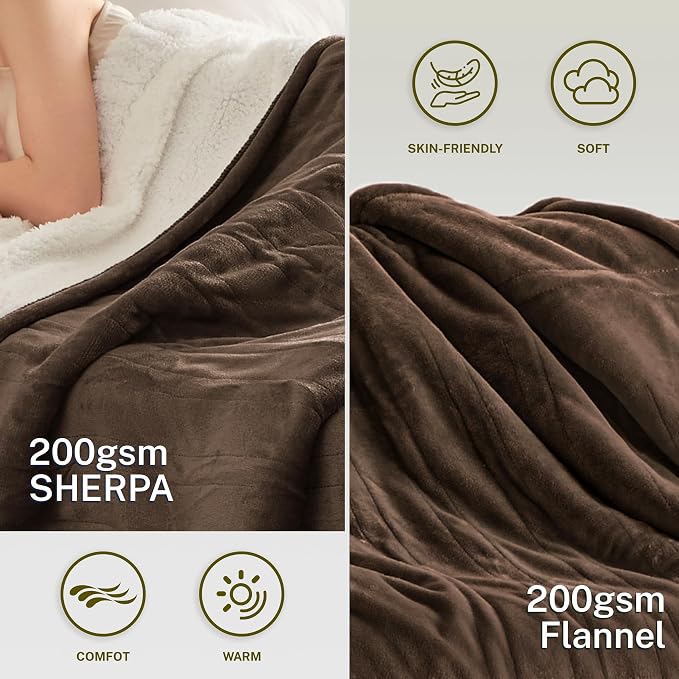 Heat Blanket 62”x84” Twin Size, Soft Flannel & Sherpa Reversible Electric - Image 3