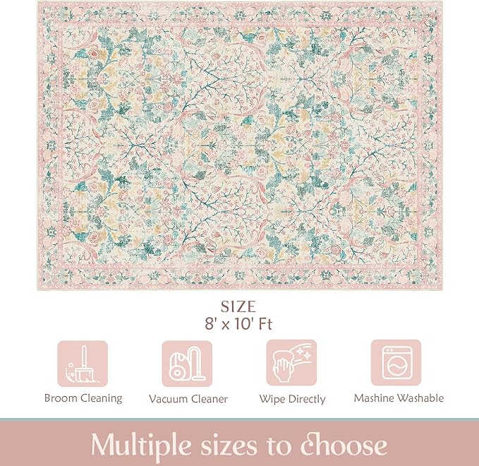 MUJOO Pink Washable Rugs 8x10, Floral Area Rug - Image 2