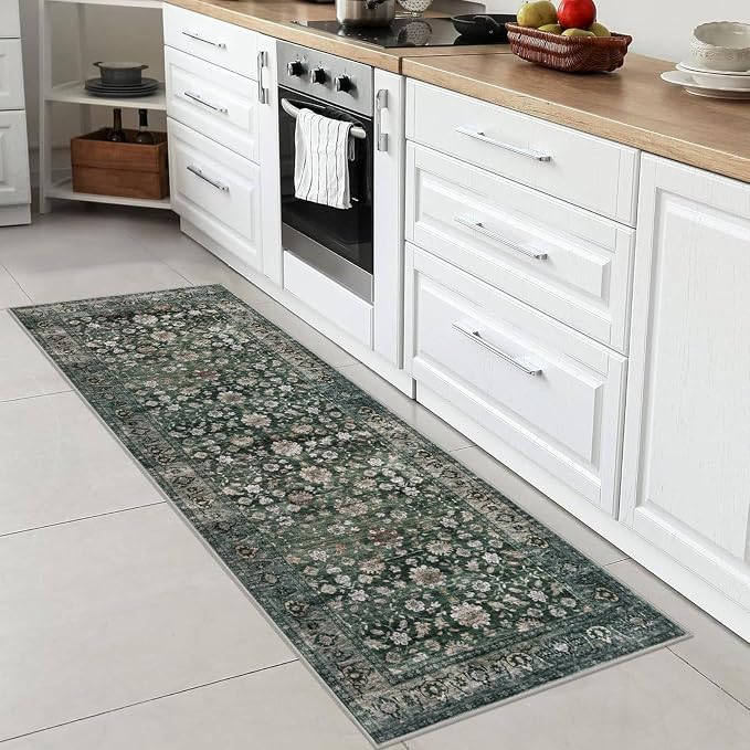 KUTA Runners for Hallways 2x6 Dark Green, Vintage Floral Rug Non-Slip Washable - Image 2