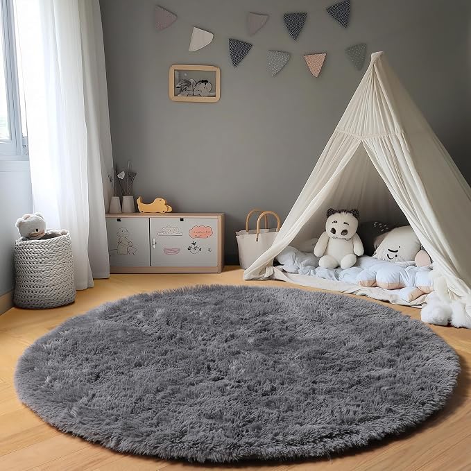 ONASAR Grey Round Area Rug 4ft, Fluffy Plush Shaggy Carpet Mats - Image 5