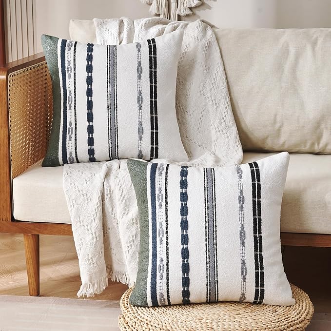 Boho Throw Pillow Covers 18 x 18 Chenille Pillow Covers Striped Square Elegant - Image 5