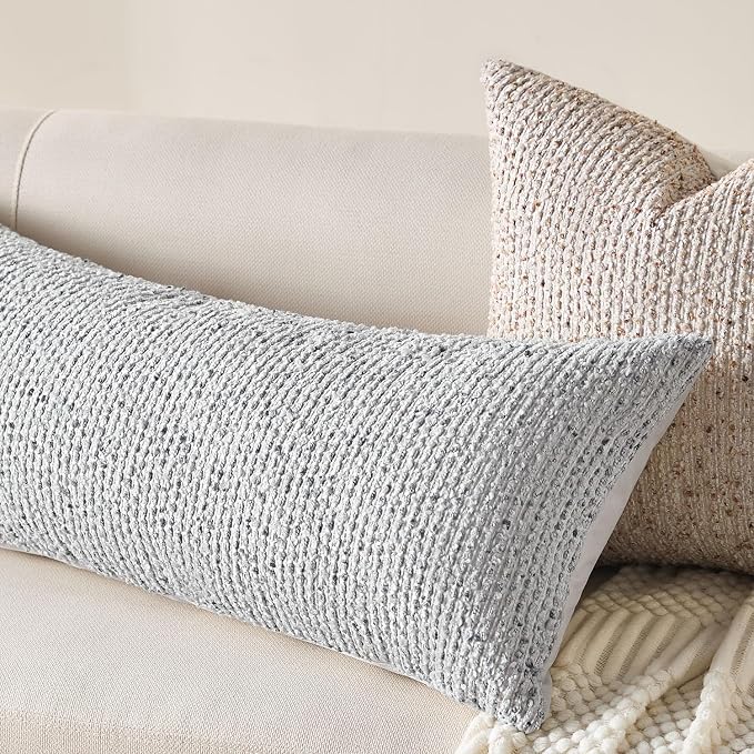Decorative Lumbar Pillow Cover 14x36 Blue Striped Wool Long Body Pillow Neutral - Image 4