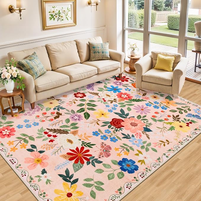 Area Rugs 9x12 Living Room: Floral Washable Rug Vintage Large Soft Boho - Image 2