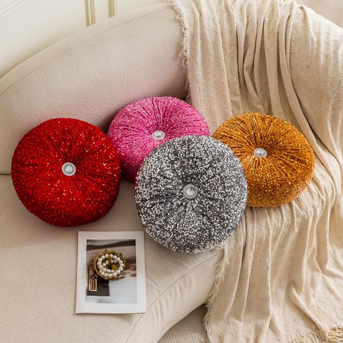 Round Throw Pillow, 13.7in Soft Solid Color Sequin Glitter Decorative Round - Image 3