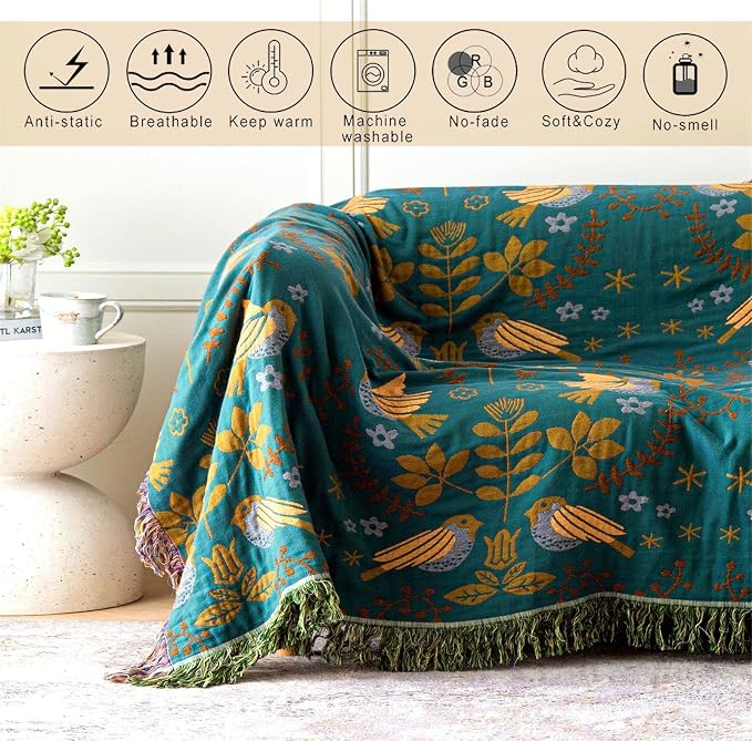 MSGKV 100% Cotton Blanket Boho Throw Blue Warm Couch Sofa Bed Double Sided Knit - Image 4