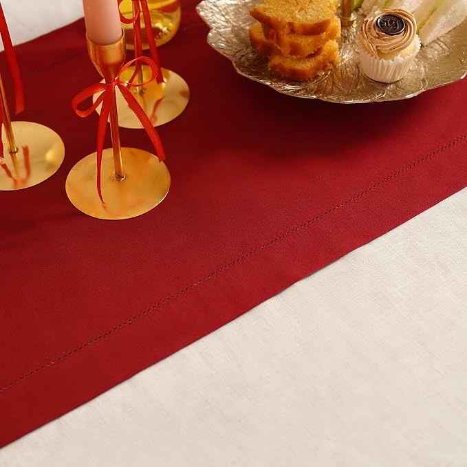 Home Ekaa Cotton Linen Red Table Runner 72 Inches Long – Washable Hemstitch 14 - Image 4