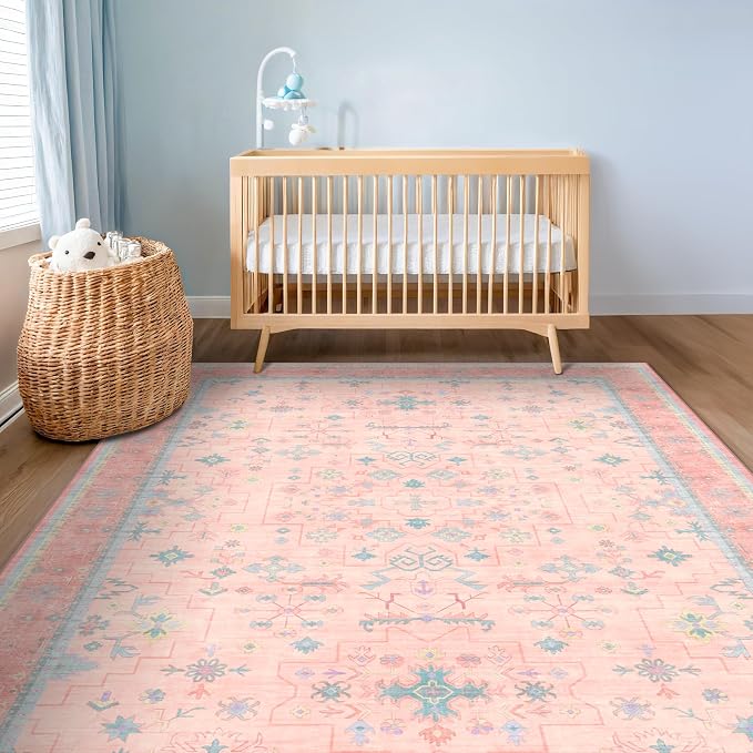 Pink and Blue Washable 5x8 Living Room Rugs, Boho Aethestic Oushak Vintage Area - Image 8