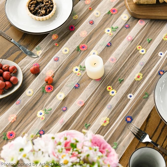 Artoid Mode 3PCS Champagne Embroidery Daisy Gauze Table Runner 120 Inch 10FT - Image 6