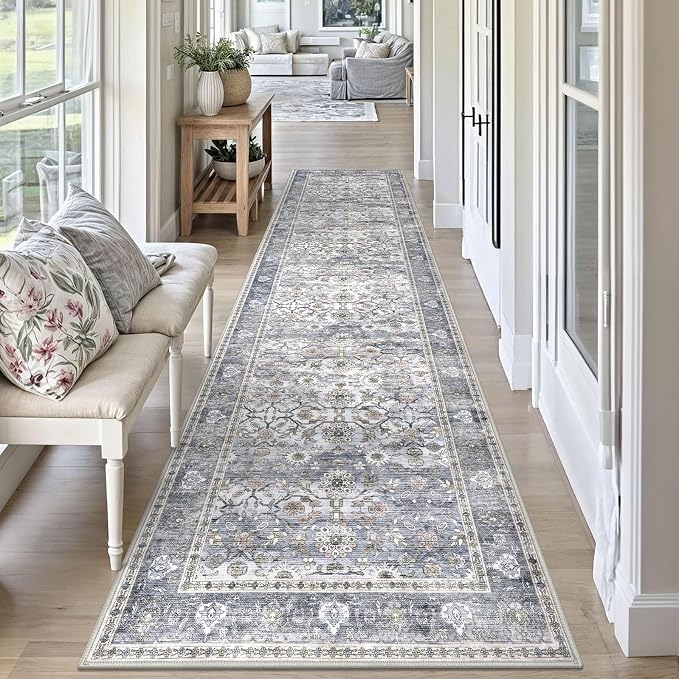 KUTA Vintage Washable Runner Rug, 2.6x10 Grey Blue Runners - Image 3