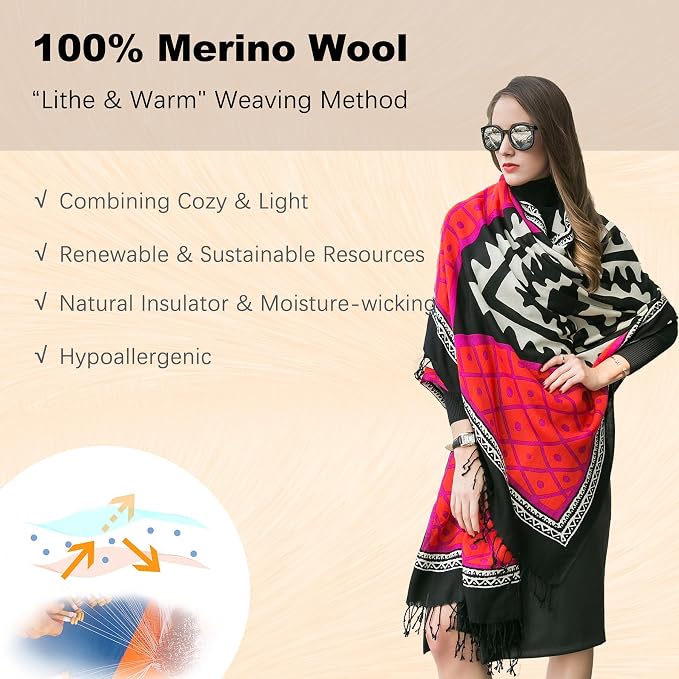 DANA XU 100% Merino Wool Extra Large Pashmina Blanket Travel Scarf Cashmere Wrap - Image 4