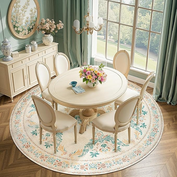 jinchan Round Rug 7ft Area Rug Vintage Floral Distressed Design Machine - Image 3