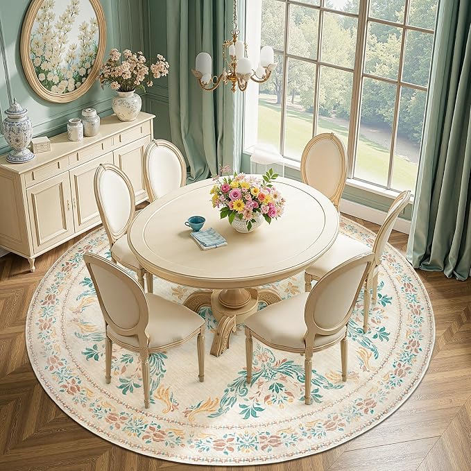 jinchan Round Rug 8ft Area Rug Vintage Floral Distressed Design Machine - Image 4