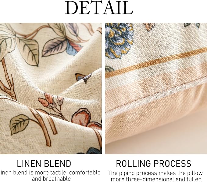 ISAENNE Design Square Floral Bird Linen Throw Pillow Covers 18"x18" Pack of 2 - Image 4