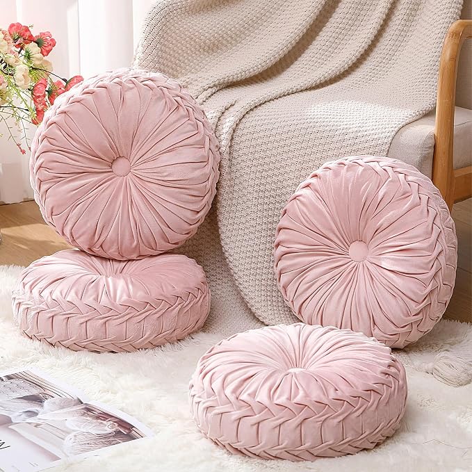 4 Pcs Round Throw Pillows 15 Inch Decorative Velvet Pleated Pumpkin Floor Boho - Image 2