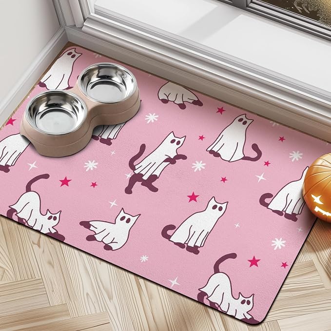 Halloween Dog Food Mats for Floors Pink, Absorbent Dog Bowl Mat for Food and by Cuslnox