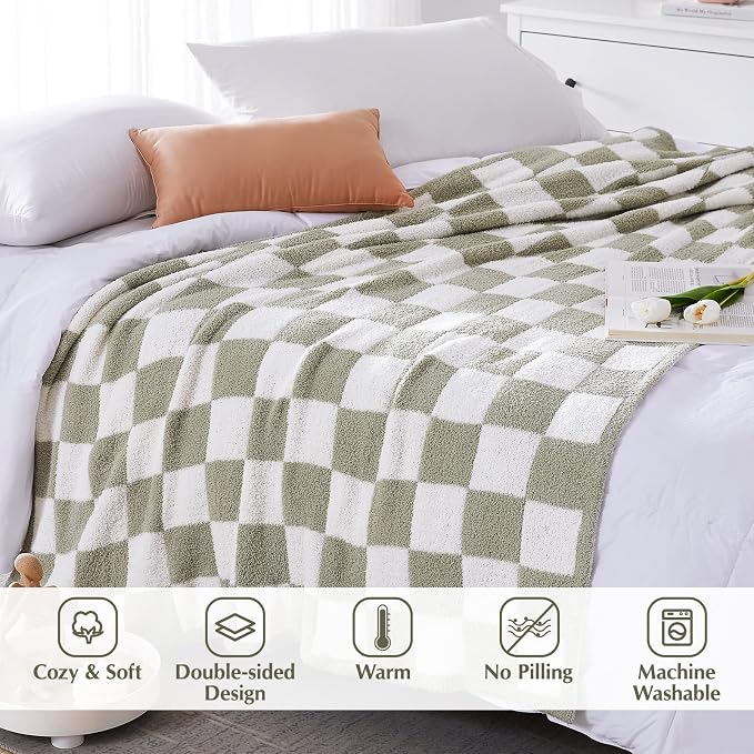 WRENSONGE Checkered Throw Blanket, Sage Green Soft Cozy Fluffy Hand Made Throw - Image 6