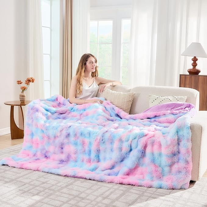 Lotus Karen Faux Fur Throw Blanket Tie-Dye Purple Rainbow - Image 3
