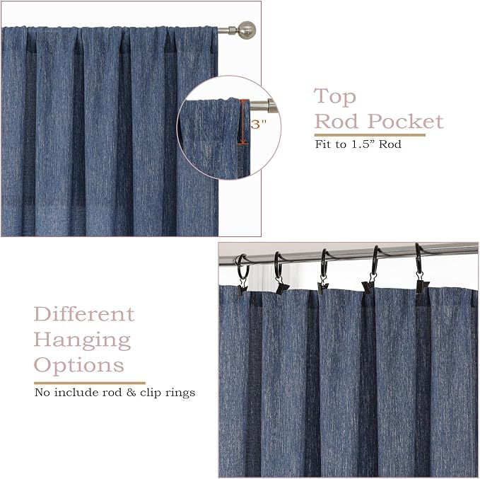 Simplebrand Navy Blue Faux Linen Textured Curtains 63 Inch Length 2 Panels - Image 3
