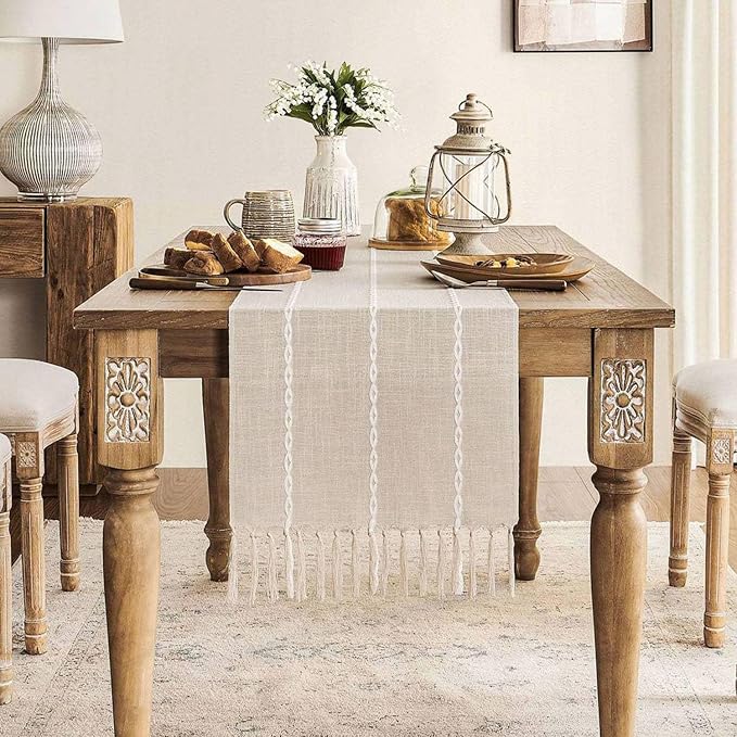 ZeeMart Farmhouse Braided Striped Table Runner, Rustic Cream Table Runners 60 by ZEEMARTONLINE