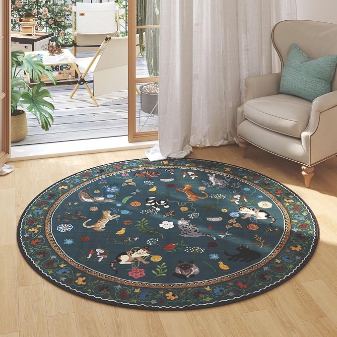 Rugcomf Round Rug 4ft Washable Circle Rug Non Slip Low Pile Boho Floral Animal - Image 3