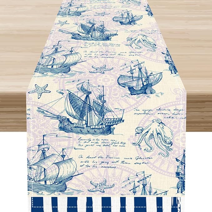 Nautical Table Runner, Retro Coastal Sailing Ship Compass Starfish Octopus by Unknown