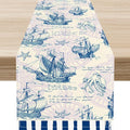 Nautical Table Runner, Retro Coastal Sailing Ship Compass Starfish Octopus by Unknown