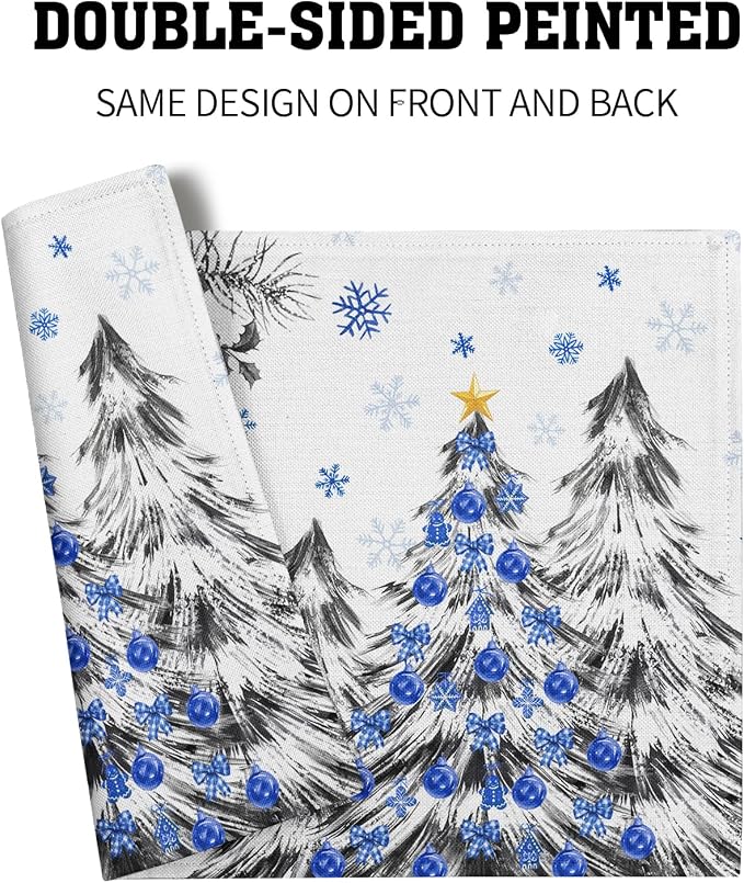 Giwawa Christmas Placemats Set of 4 Blue Grey Xmas Trees Balls Linen Place Mat - Image 5