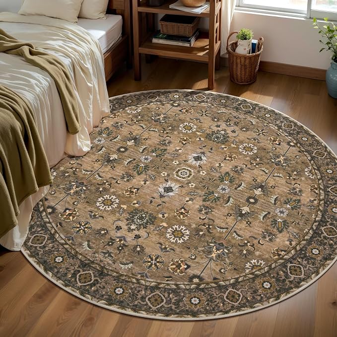 Tangsoo Vintage Round Rug 4ft, Washable Circle Rug, Non Slip Small Boho Round - Image 2