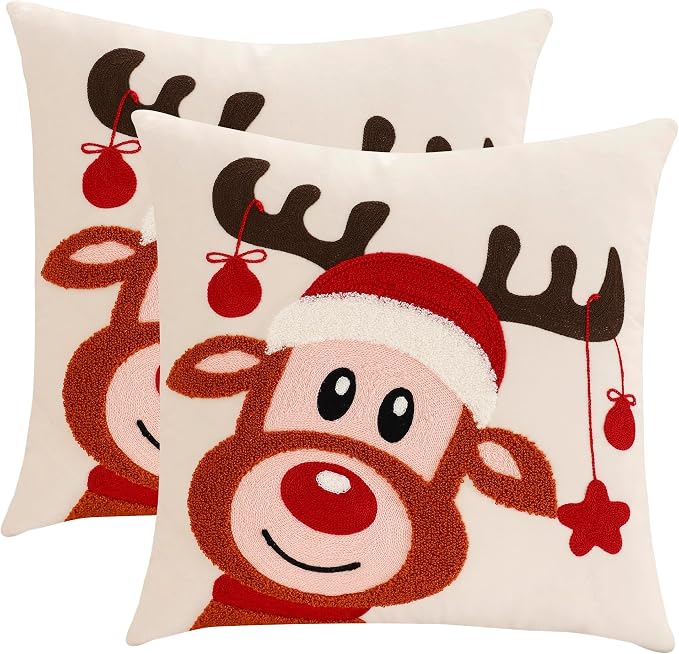 LUOYEHK Christmas Pillow Covers 18x18 Set of 2 Cute Reindeer Decorative Beige by LUOYEHK