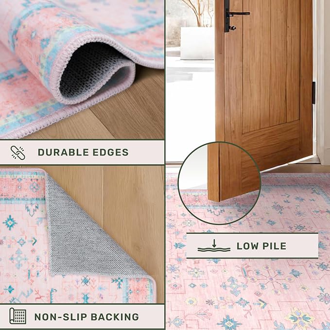 Washable Pink and Blue 8x10 Oushak Rugs - Image 5