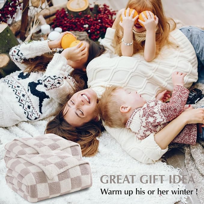 WRENSONGE Checkered Throw Blanket, Taupe Soft Cozy Fluffy Warm Hand Made Throw - Image 7