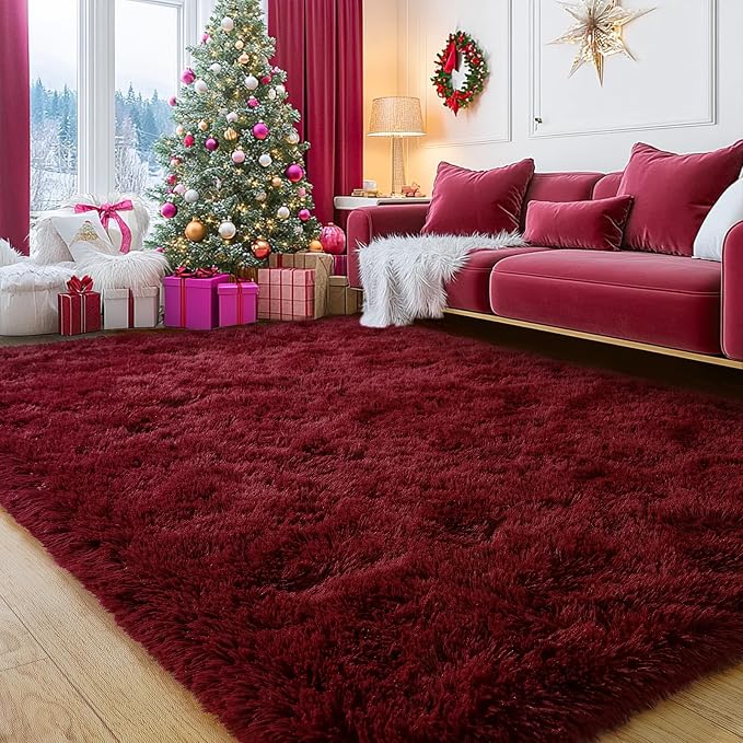 Burgundy Plush Rug for Living Room Fuzzy Carpet for Bedroom Dorm, Non-Slip High - Image 4