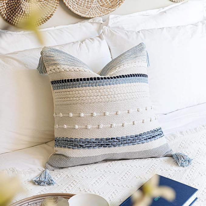BlissBlush Coastal Blue Boho Decorative Throw Pillow Cover 22x22 Modern - Image 6