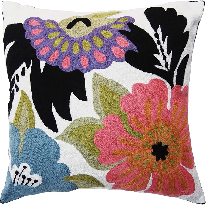 Daisy Floral Pillow Cover Hand Embroidered Flower Throw Pillowcase Traditional by Kashmir+Designs