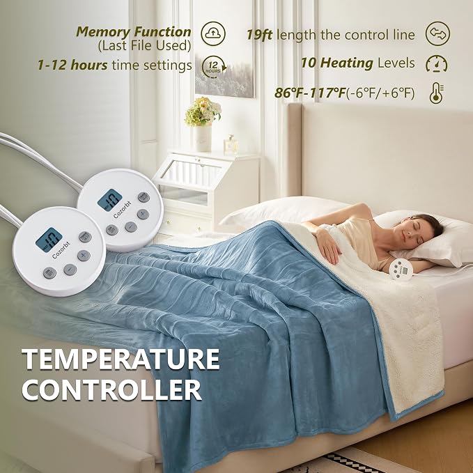 Heat Blanket 84”x90” Queen Size-Dual Control，Soft Flannel & Sherpa Electric - Image 5