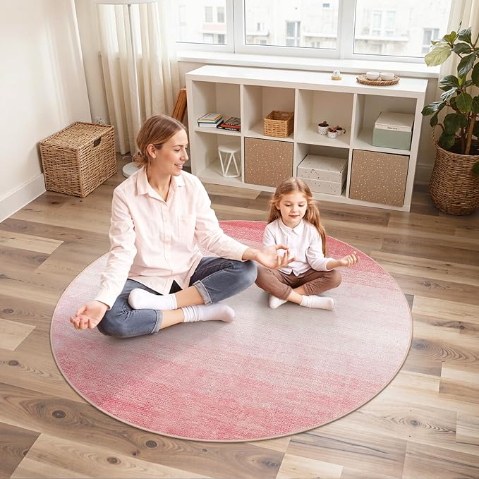 Wonnitar Modern Ombre Pink 5ft Round Rug, Non-Slip Washable Living Room Rugs - Image 8