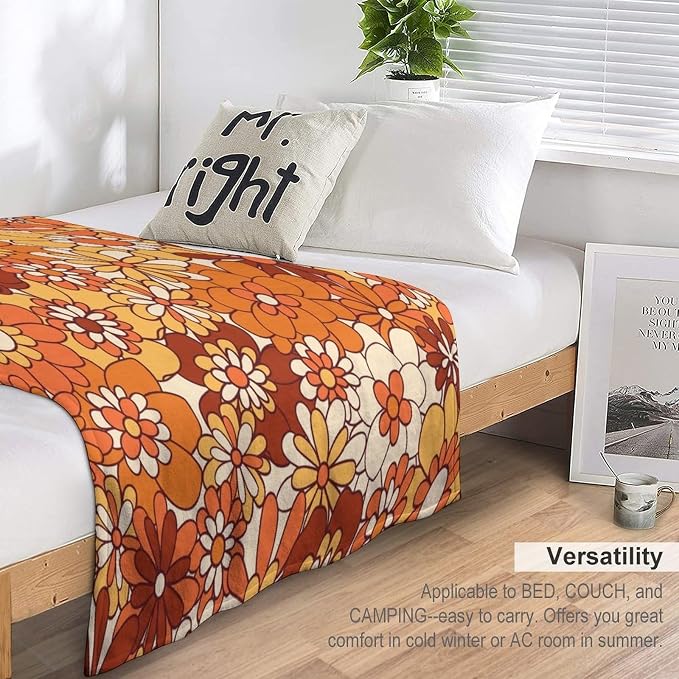 Vintage 70s Throw Blanket, Boho Hippie Bright Orange Flowers Groovy Abstract - Image 5