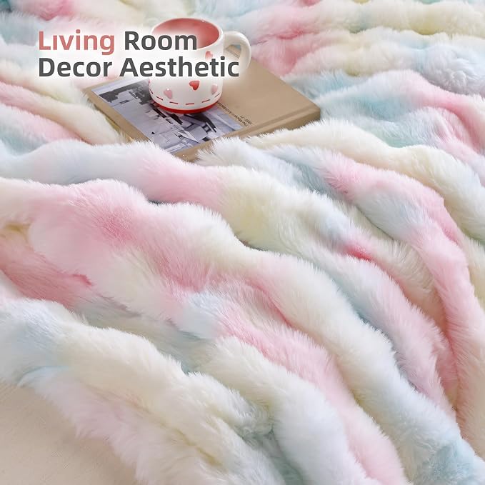 Smoofy Faux Fur Throw Blanket for Couch – Rainbow Fluffy Cozy Rabbit Fleece - Image 6